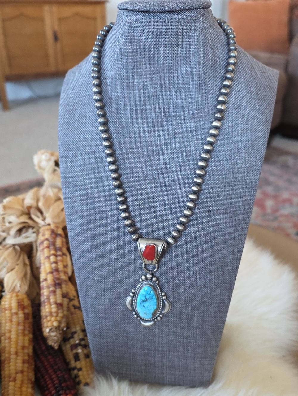 Stunning Native American Navajo Turquoise & Coral Pendant & Pearls 🩵🎁❤️